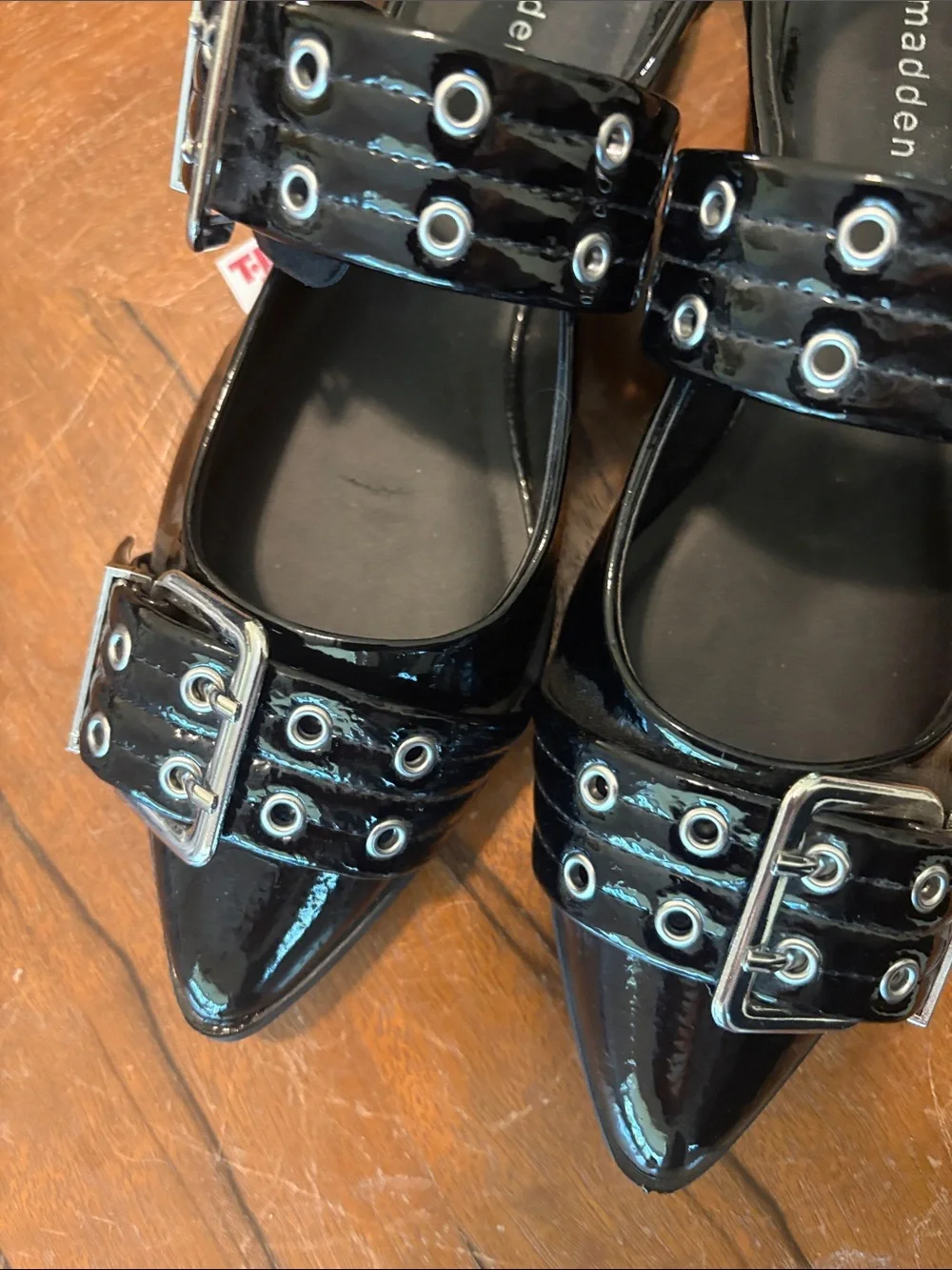 Madden Girl Black Patent Double Buckle Slingback Flats